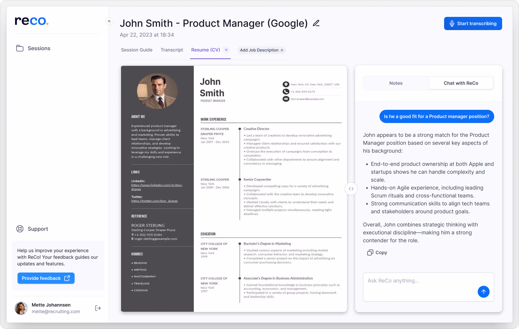 Screenshot of a neatly organized recruiting workspace in ReCo