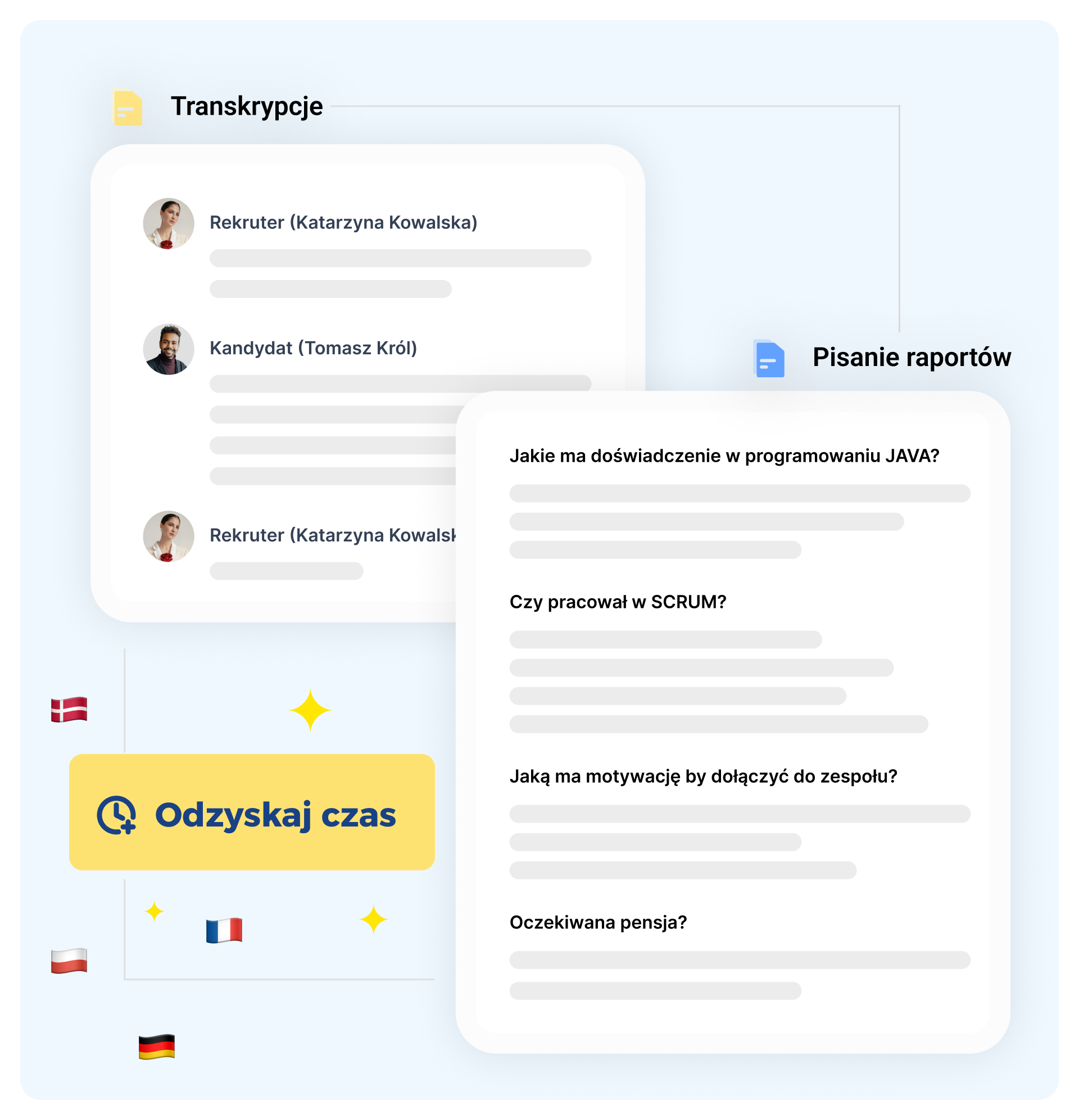 Interfejs transkrypcji rozmowy między rekruterem a kandydatem z miejscem do pisania raportu.