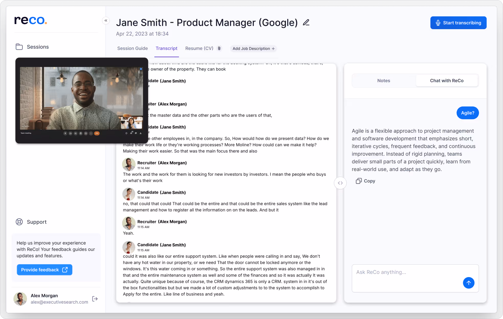 Lives transcript without a bot feature in ReCo during a video call